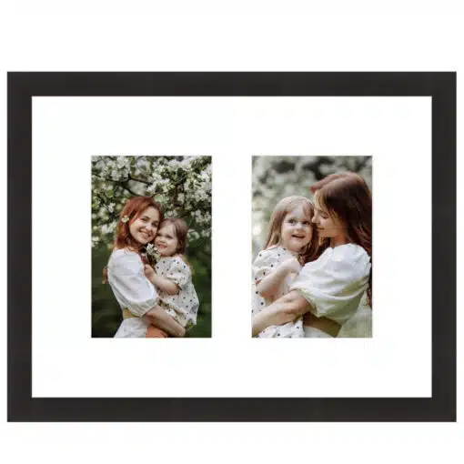 Framed photo collage of mother and daughter in a garden.