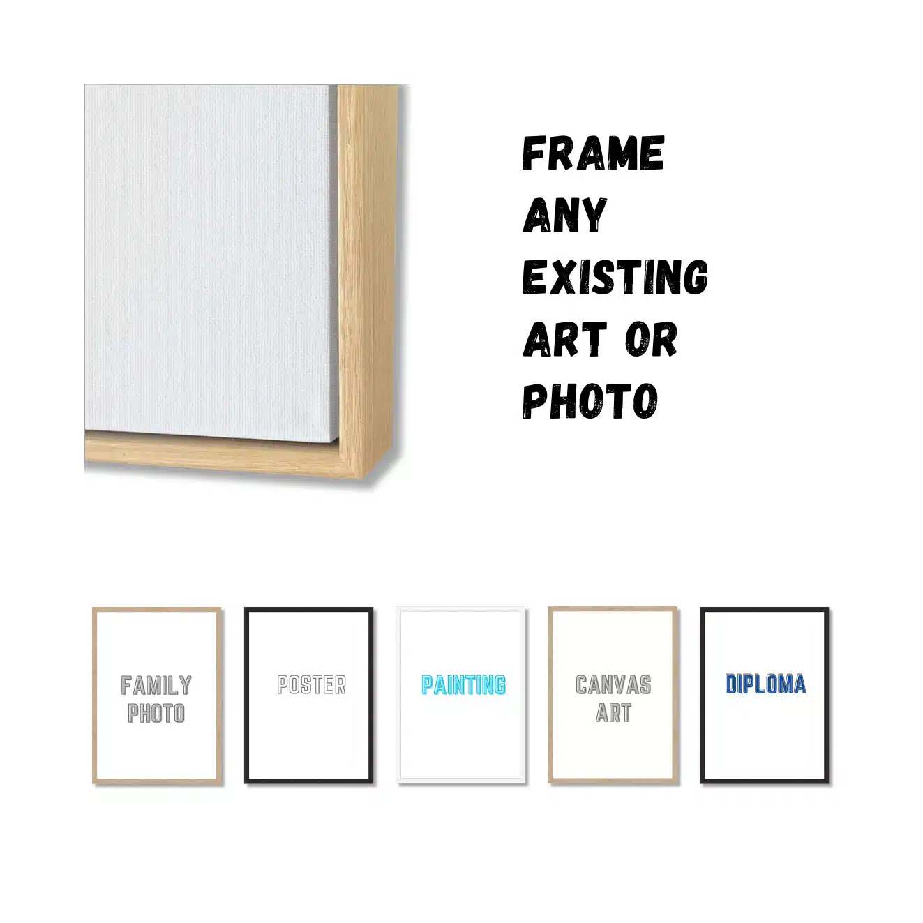 Frame advertisement offering services for family photos, posters, paintings, canvas art, and diplomas.